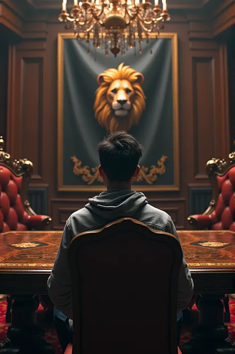 in the background a hacker flag and a young man sitting on a kings table and a lion in front of him