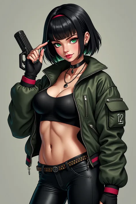 Pretty Girl with black short layered bob and green eyes wearing cropped shirt with fancy jacket and leggings , big breasts, six pack abs, beautiful abs, thick eyebrows, thick eyeliner, raising her eyebrow, lip filler, big , holding a gun, cyberpunk, freckl...