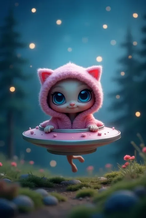 A small cute white grey alien with big cute alien blue eyes and eyelashes. With a cute pink kitty hoodie coming from a ufo in a starry night in a forest 