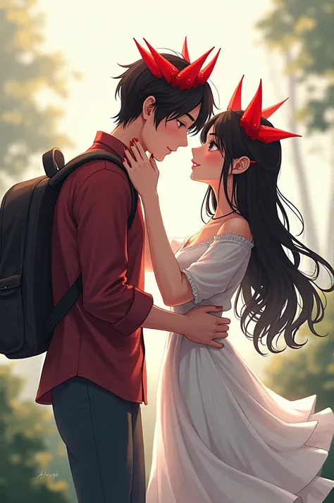 A couple wearing red devil crowns on their heads. The guy is lowering his head down to the level of the girl.so that she can fix it. The girl is wearing a white long skirts and the boy has a bag on his back.