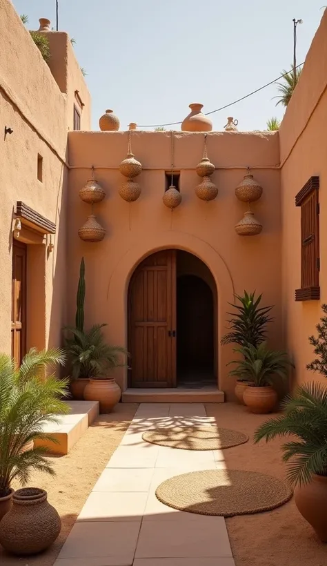 "Create a warm and rustic desert adobe courtyard inspired by traditional Middle Eastern architecture. Show sand-colored adobe walls, simple wooden doors, and a rooftop with a light canopy for shade. Add decorative elements such as woven hanging baskets, la...