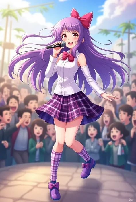  Purple Side Long Hair ，Tie a large pink bow， Japanese Singing Anime ， Purple Plaid Skirt ，Long Plaid Socks ，purple shoes， Happy Happy Lively Singing， Microphone Write mina ，Lots of people are very lively。