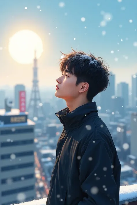 not anime style, I want you to create the following drawing, A young adult,  located on the top of a large building , in tokyo city,  with snow falling and a bright sun illuminating the young man and the snow,  the young man would find himself looking at t...