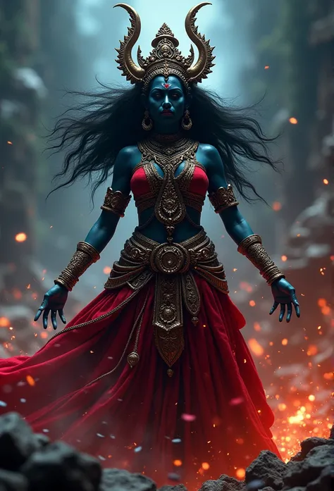 (Goddess Kali fully covered in intricately designed clothes), (fearsome expression), (striking dark colors with ornate details), (traditional Indian attire), (mythical setting), (intense atmosphere), powerful stance, demon Raktabija visibly defeated, surro...