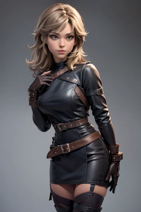 adult woman,  dark brown eyes ,  shaggy blond hair ,  gray leather clothing , capelina , gloves, if, straps,  masterpiece , supe...