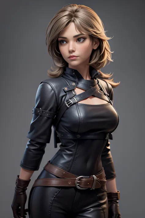 adult woman,  dark brown eyes ,  shaggy blond hair ,  gray leather clothing , capelina , gloves, if, straps,  masterpiece , supe...