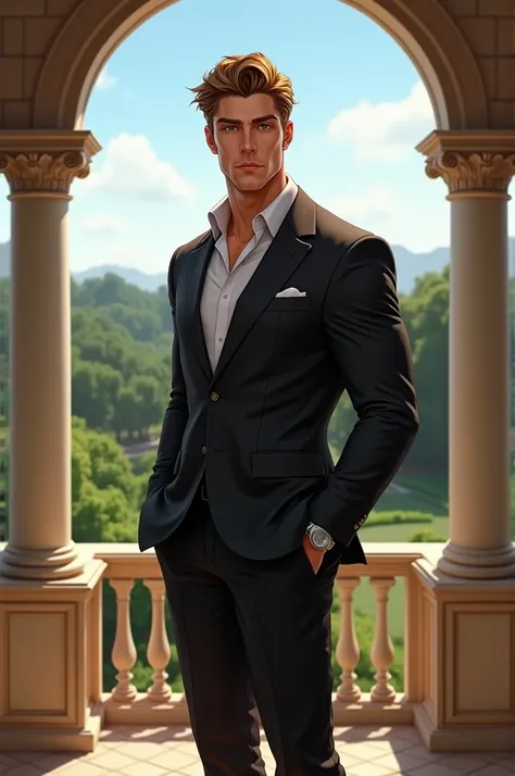  Handsome man with brown blond hair and brown eyes, tall muscular, , posing in front of the balcony of his mansion  