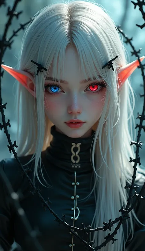 1 girl, adult woman, Alone, g0ld3mb, air, (platinum blonde hair) hair, hime cut, (kawaii hair clips:1.2) lyrics, better quality, High resolution, high detail, (airen aura magic), hair uplifted, Horns,Beautiful young woman with white hair and piercing red a...