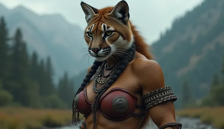 A young, savage and frightening looking, full body, large breasted, anthropomorphic humanoid cougar dressed in Native American warrior clothing. She has a menacing and sinister appearance. Cinematic, panoramic.