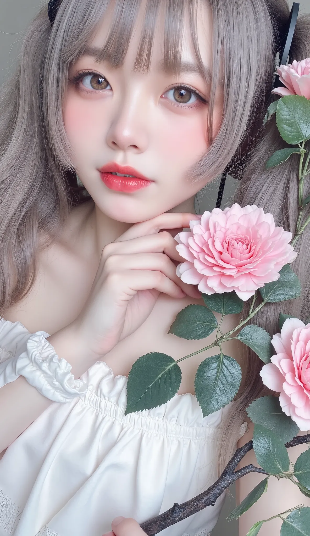 beautiful woman、 hatsune miku、floral arrangement、wabi-sabi art、かわいいface、 very detailed_face_eye、 very detailedなface、 white dress...