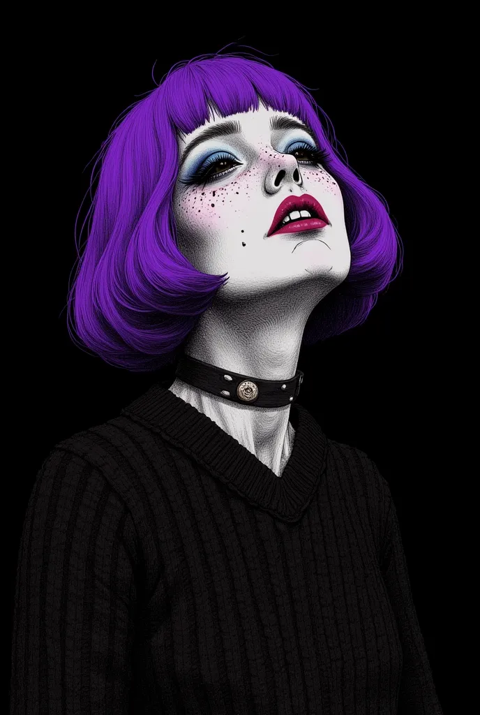 (best quality, thumbnail:1.2), dark monochrome background,  1 girl, detailed lips, sweater, CUSTOM, background completely black, Neon hair, textured haircut, Canadian, masterpiece, retro classic style, dark black , art, sketch book, (bob hair purple:1.35, black:1.55), bad women,In the background is “The Devil on the Crucifixion” In bloody agony on the cross, in the mud. Ugly, grotesque faces and figures, obscene poses, complete surrealism, dirty, unsightly, unpleasant.