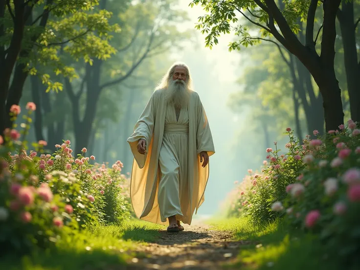 God walking in the Garden of Eden,  bearded with white beard,  white-haired, And with white cloth clothes