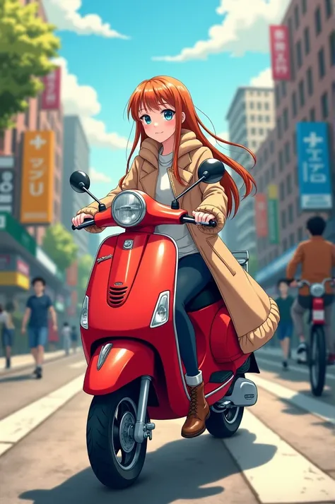 Cute anime girl with long hair wearing a coat on a red scooter 