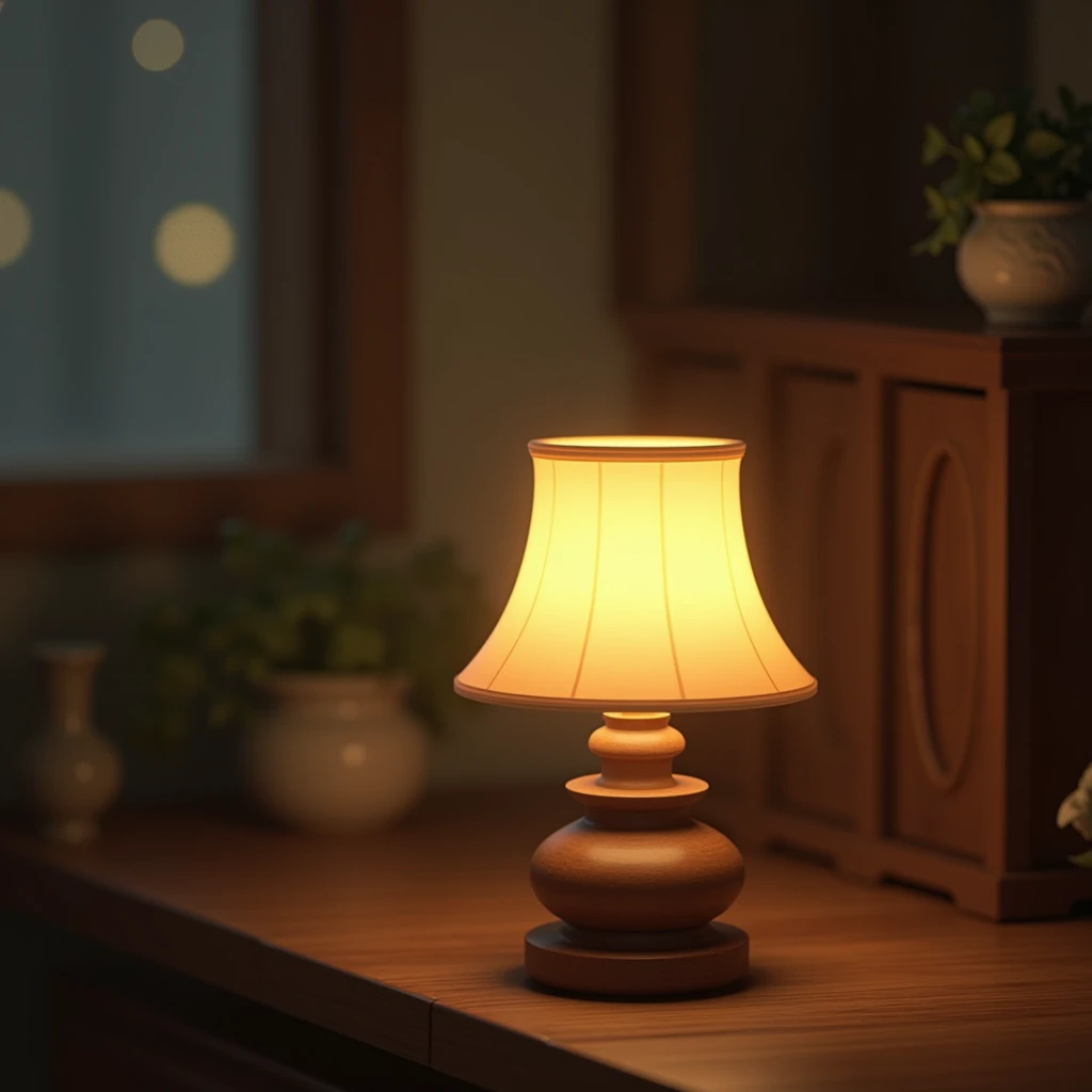  A cozy night scene in an interior environment ,  focusing on a classic-style lamp and soft yellow lighting,  emitting a warm light that fills the environment . In the background,  soft and blurred decorative details ,  such as flower pots and a wall with ...