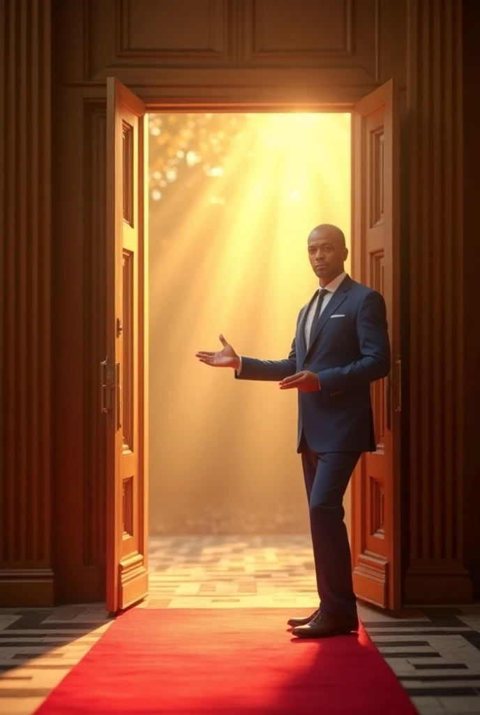 warm, inviting sunlight streaming through a large, wide-open wooden door, creating a radiant glow. In front of the door, a red carpet is laid out on the floor, adding a touch of luxury and formality to the scene. A professional-looking man in a well-tailor...