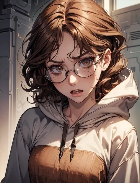 (Masterpiece:1.2), ultradetailed face, hacker, portrait, open mouth, freckles, nerdy girl, ((hoody)), detailed shading, skinny, round glasses, ((disgusted face)), young woman, angry eyes, (curly hair), ((braces)), ((light brown hair)), pale skin, (flat che...