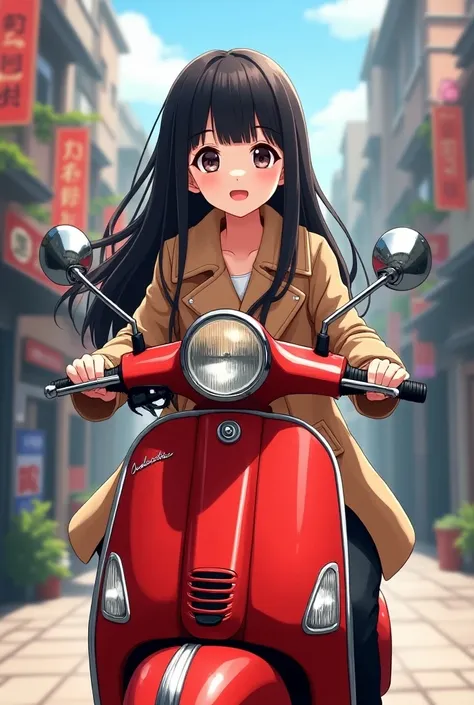 Cute anime girl with long black hair wearing a coat on a red scooter 