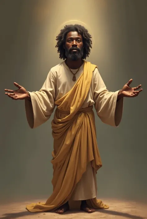 Create an image of a black Jesus with short stature estendendo os braços 