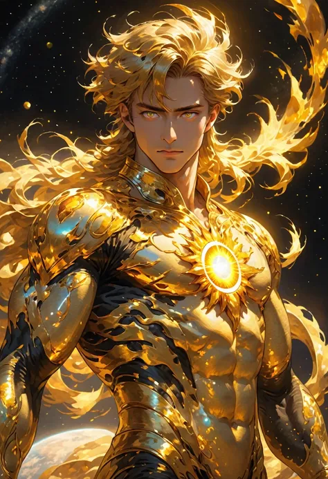 A powerful man who wears clothes like a second skin made of golden flames. He has around him several solar rings that shine with an intense light he is in space and he looks at the earth. His eyes are shining with a magnificent gold color. He is the person...