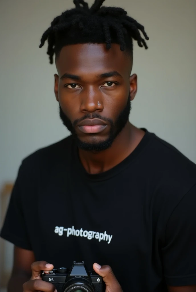  An 8k photograph of a skinny young man ,  black with a chocolate skin tone , At 26 years old ,  with a slightly wide face with dreads a bit of a carapinha, with beard, with small eyes,  you dont have a lot of eyelashes , normal ears, serious,
With a black...