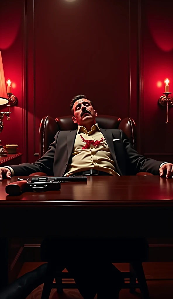 A lavish office with dark, mahogany furniture, and red wallpaper. A businessman lies slumped over his desk, a revolver nearby, and a single bullet wound in his chest. The room has an eerie, dark red ambiance with soft light casting shadows on the walls.