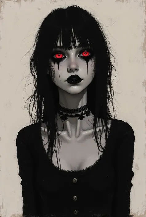 gothic girl, heavy makeup, black lipstick, smoky black eye shadow, red eyes disgusting images. ugly, grotesque faces and figures...