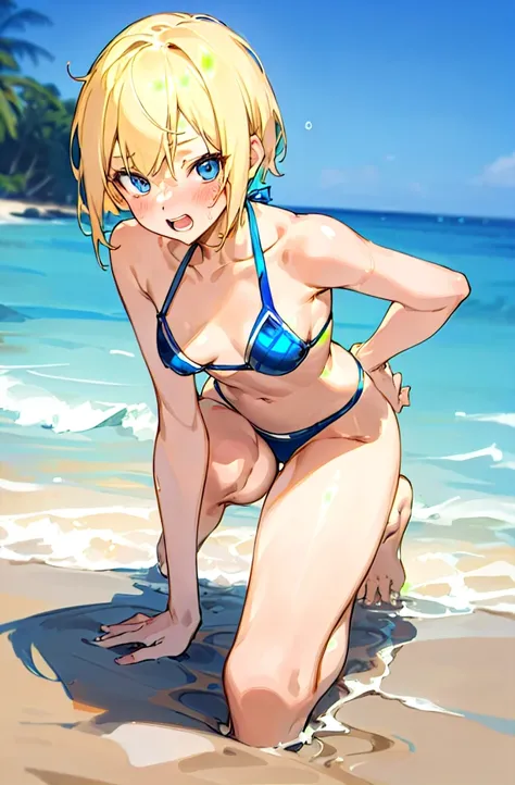    1 girl,     blonde short cut   ,    blue eyes, dark blue two-tone pearl metallic bikini, stylish adult woman with very small breasts ,  character portrait ,Background sandy beach,Sporty Bikini, is on all fours, Blushing ,  show your teeth and laugh ,  o...