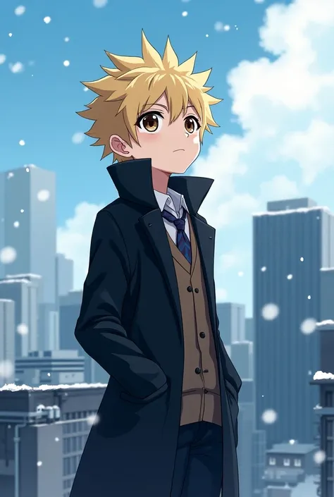 anime style, I want you to create the following drawing, a second-year high school student , with spiky blond hair , light skin, dark brown eyes,  wearing a traditional school uniform ,  wearing a black coat with a raised collar,  and her hands in her pant...