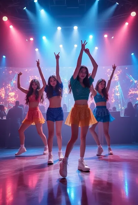 A girl group of four on stage performing 