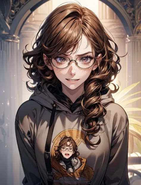 (Masterpiece:1.2), ultradetailed face, hacker, portrait, open mouth, freckles, ((smile)), nerdy girl, ((hoody)), detailed shading, skinny, round glasses, ((disgusted face)), young woman, angry eyes, (curly hair), ((braces)), ((light brown hair)), pale skin...