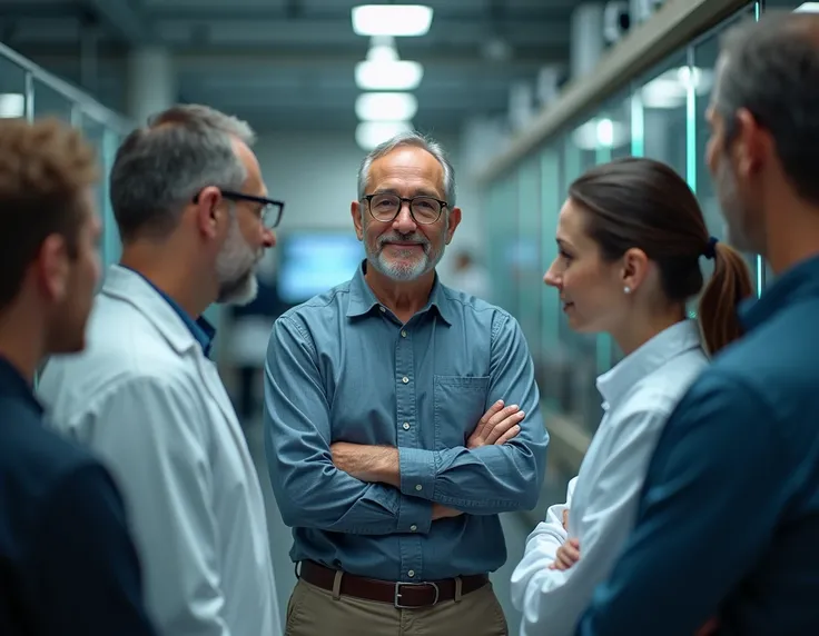 image of a supervisor in the area of technology transfer and innovation in the agricultural area amidst his team of supervised people being surrounded by technical skills, Managerial and softskills