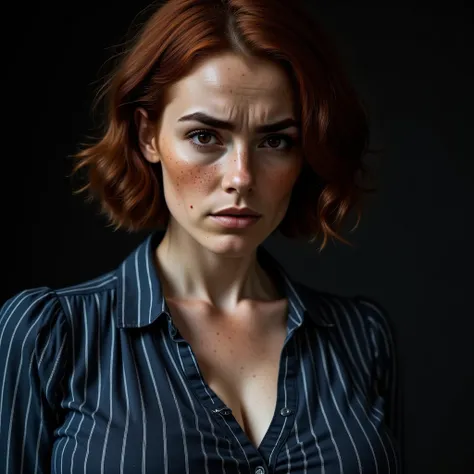 Photorealistic, cinematic style, a close-up picture of a beautiful British woman looking straight in the camera. (Dynamic expression: 1.5), Shes sad. Wearing a dark blue striped blouse, huge breasts, jeans. Shes got brown eyes, downturned eye shape, light ...