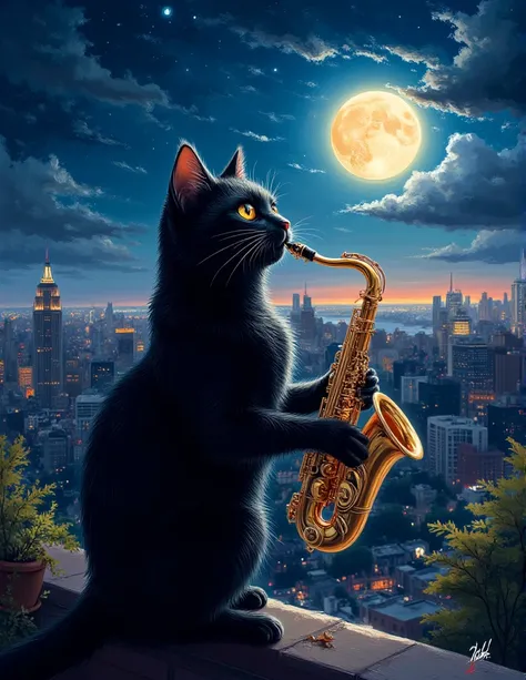 An enchanting illustration of a charismatic black cat poised gracefully on a rooftop illuminated by tender moonlight. With a golden saxophone in its grasp, the cat plays a jazz tune that harmonizes seamlessly with the serene atmosphere. The vivid colors an...