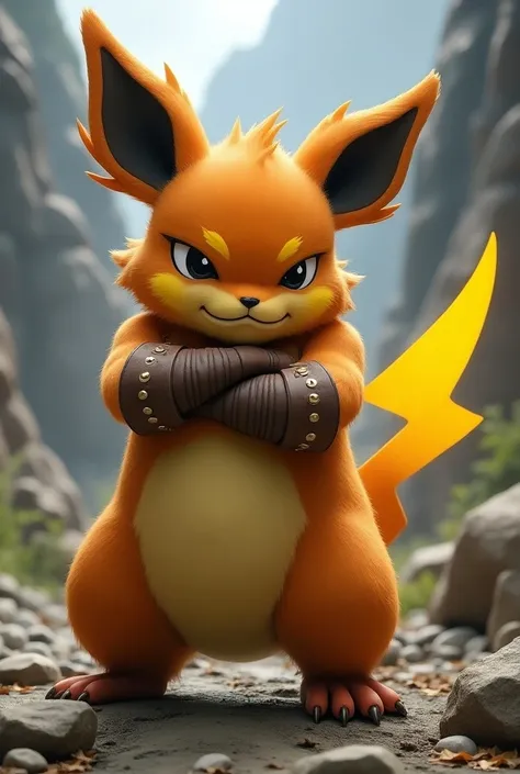 
"Create a highly realistic image of a Raichu-inspired creature with a muscular build, standing confidently with its arms crossed. The creature should have orange-brown fur, detailed with a mix of soft and rough textures, and large pointed ears with black ...