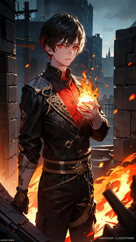 a young man with flames for hair and red eyes, wearing a black outfit, holding fireballs in his hands, night scene, cinematic lighting, dramatic, hyper-detailed, 8k, (best quality:1.2), (photorealistic:1.25), intricate details, realistic skin textures, vol...