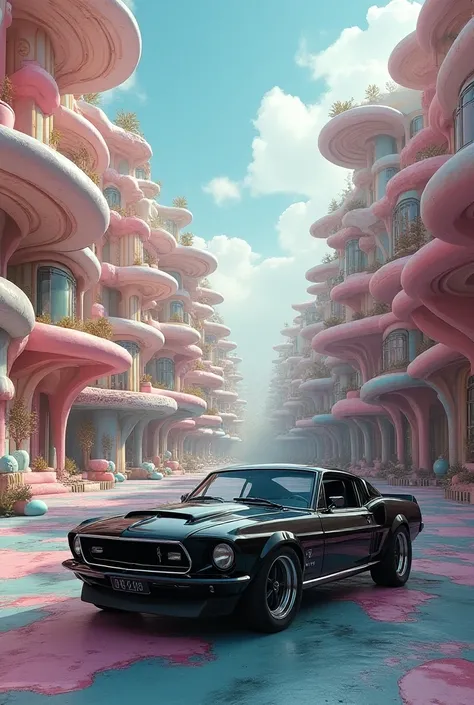 A captivating hyperrealistic cityscape rendered with exquisite detail, featuring a mesmerizing blend of ice cream-inspired paths and spiral
roads. A vintage black and white mix mustang modified UHD8k resolution 