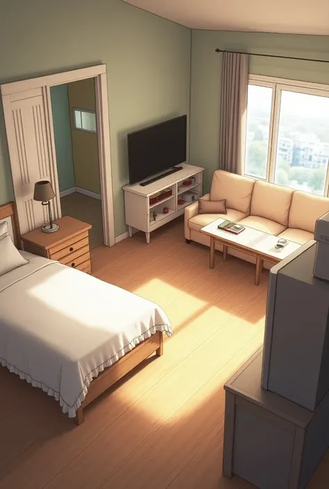 In the living room there is a sofa near the window. 
A television is in front of the sofa.
The kitchen has a large table and a refrigerator in the center.
To the left is the bedroom, there is a bed next to the door and a lamp on the table next to the bed.
