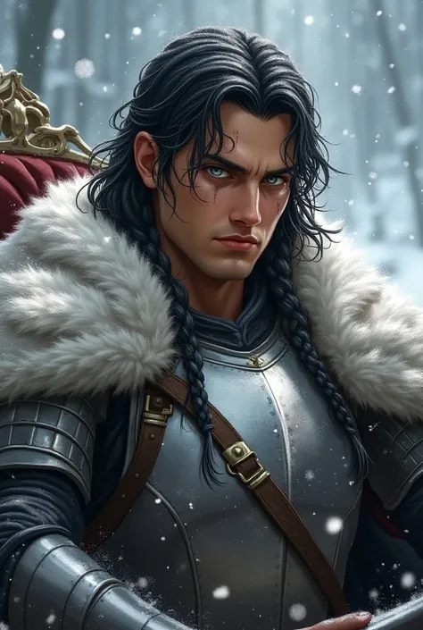 man, extremely handsome, tall, strong, shoulder-length black wavy hair with some thin braids, tanned skin with several cut scars, gray-green eyes, wearing silver armor, thick fur cape with white fur, serious face, is in a carriage with a blizzard in the ba...