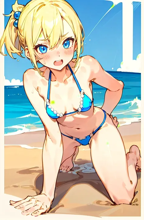    1 girl,     blonde short cut   ,    blue eyes, dark blue two-tone pearl metallic bikini, stylish adult woman with very small breasts ,  character portrait ,Background sandy beach,Sporty Bikini, is on all fours, Blushing ,  show your teeth and laugh ,  o...