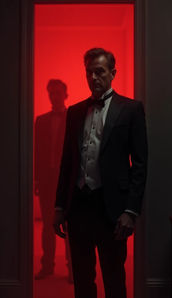 The butler, Mr. Harris, stands by the office door, his face tense as he listens to voices inside. The background is shrouded in dark red tones, with his expression suggesting he knows something sinister.