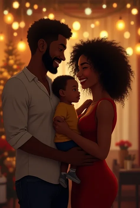 Happy family enjoying new years eve. A family of three, black male 30years, handsome with cute smile and muscarine. Female, black with hips, sexy in mini skirt not shorts and big bums. One year old  having features of both