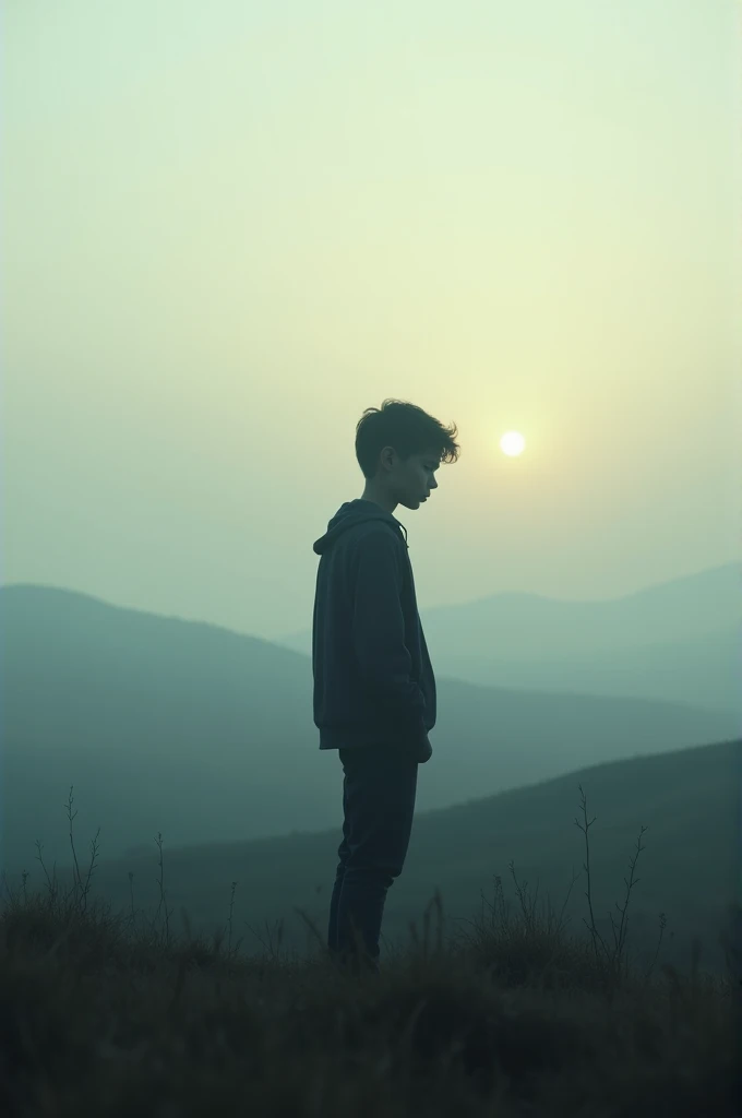 Cinematic, photorealistic, beautiful scene of introspection and healing: A young person stands in an open landscape, gazing into a distant, misty horizon, reflecting on a seemingly unchangeable past.
