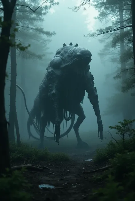  In a dense, dark forest ,  shrouded in a low and mysterious fog ,  a fallen alien ship releases smoke while resting on the ground irregular ,  suggesting a recent impact . Next to the ship ,  a monstrous hybrid stands out :  a large creature with the lowe...