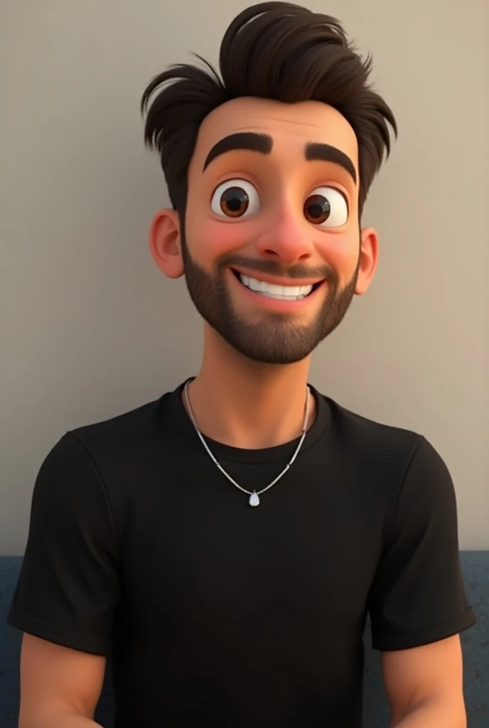 create an image in pixar model, smiling, brunette with straight hair, quiff, black shirt, beard, silver necklace, without glasses, profile photo, looking at the camera, happy, sitting, man,,