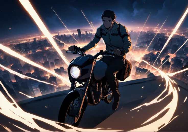 A guy riding bike escaping city at night, High resolution Image quality, city lights 