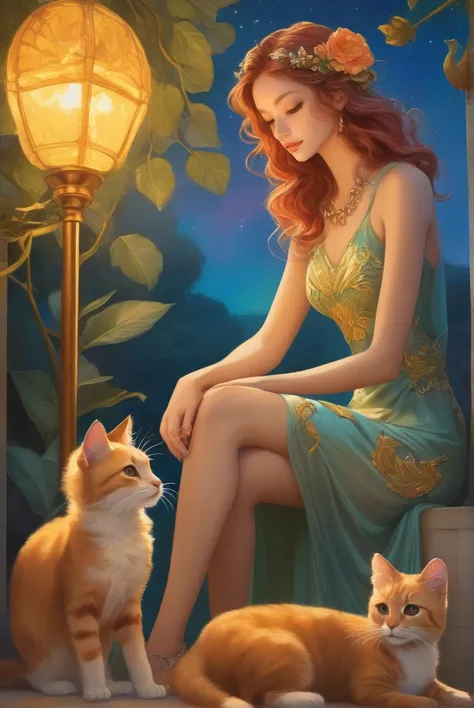 highly detailed highly realistic, best quality masterpiece, full watercolors, all colors -haired em linda zexy Leona + sara sexy brincando sorrindo com seu gatinho no gramado lindo de uma praça florescente shine brilhante em clima de loucura adorador film ...