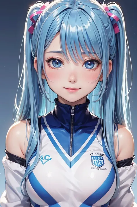 ( BEST QUALITY , Hi-Res,8k,inelity detailed background, Masterpiece:1.2), Beautiful Girl,( glossy light blue hair:1.3),(long hair:1.2),twin tail,Beautiful light blue eyes,cheerleader,Under bobs ,Stadium,Gentle look,A refreshing look,Best quality, BEST QUAL...