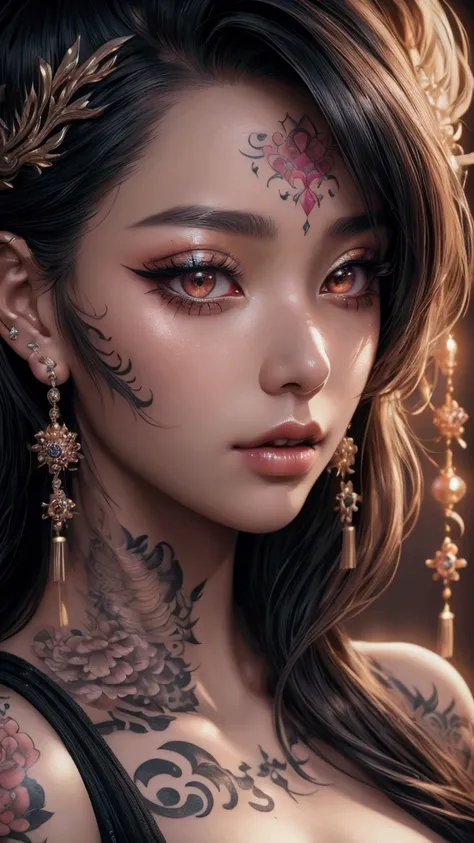  high resolution , masterpiece,  best quality,  super detailed,  OctaneRender 8K, anime,  a young Asian woman with tattoos ,  beautiful face , she is wearing makeup, Close-up, She is wearing earrings ,  on the earrings are Japanese lettering