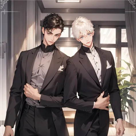 company employee　Two young men　 office worker　suit　Overall view　night　 Exquisite and Precise Interior　 An Ingenious Conversation 　smile　Gazing at each other