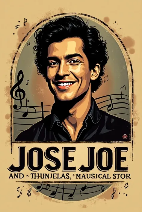 Logo for a musical instrument store with José Josés face in the background